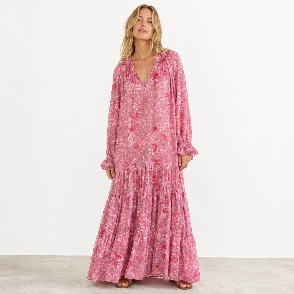 Free People Feeling Groovy Maxi Dress Women M Pink Floral Sheer Boho Prairie